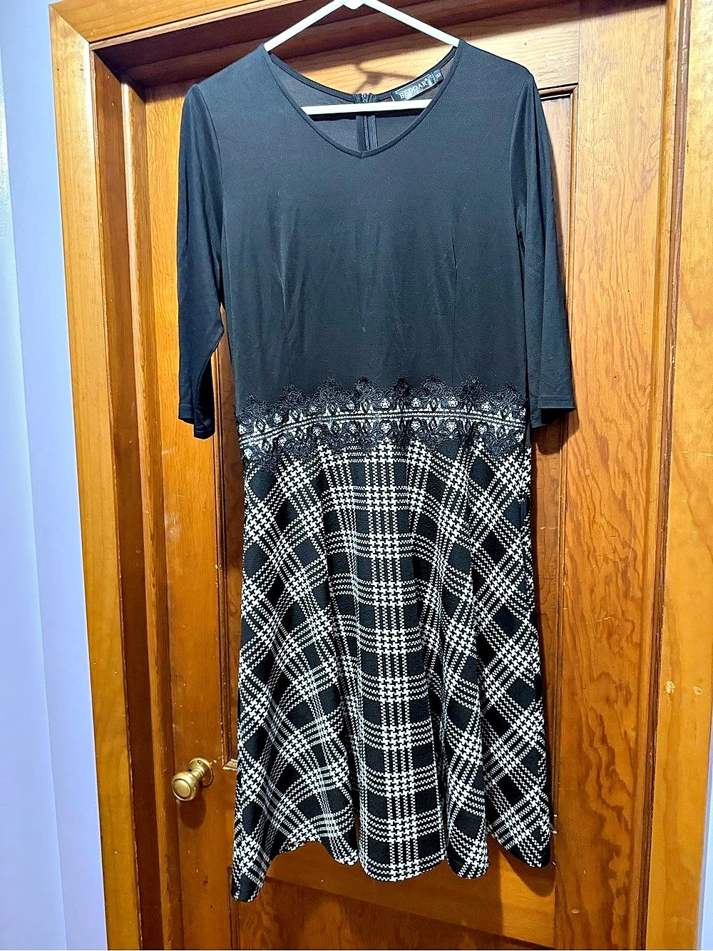 Women's Plaid Lace Trim Midi Dress in Black & White